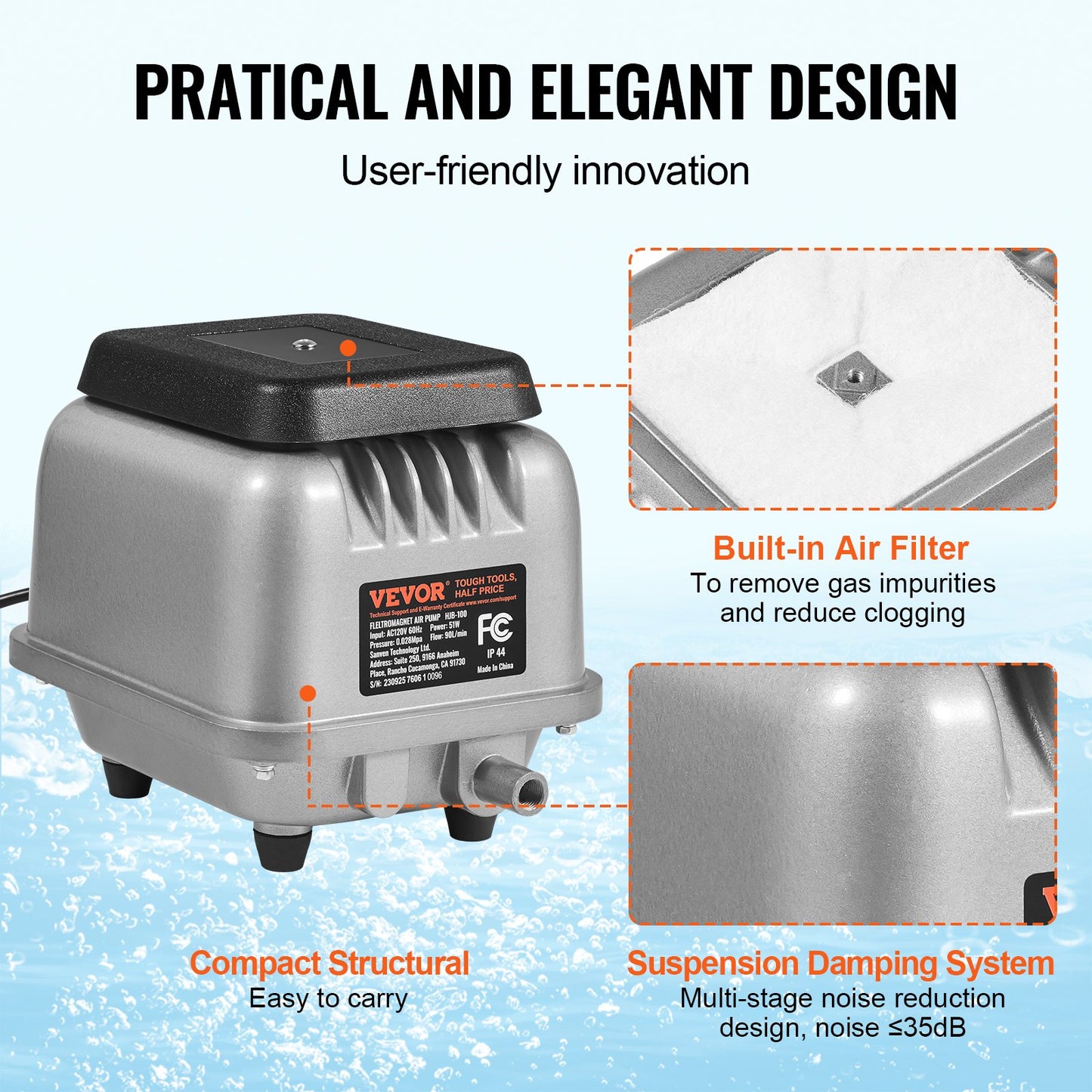 Linear Air Pump, 90L/Min Air Flow Septic Aerator Pump, Aeration System for 1/4 Acre 10 FT Deep Ponds, Water Gardens, Waste Treatment, Septic Tanks, Aquariums, Seafood Restaurants, Fish Farms