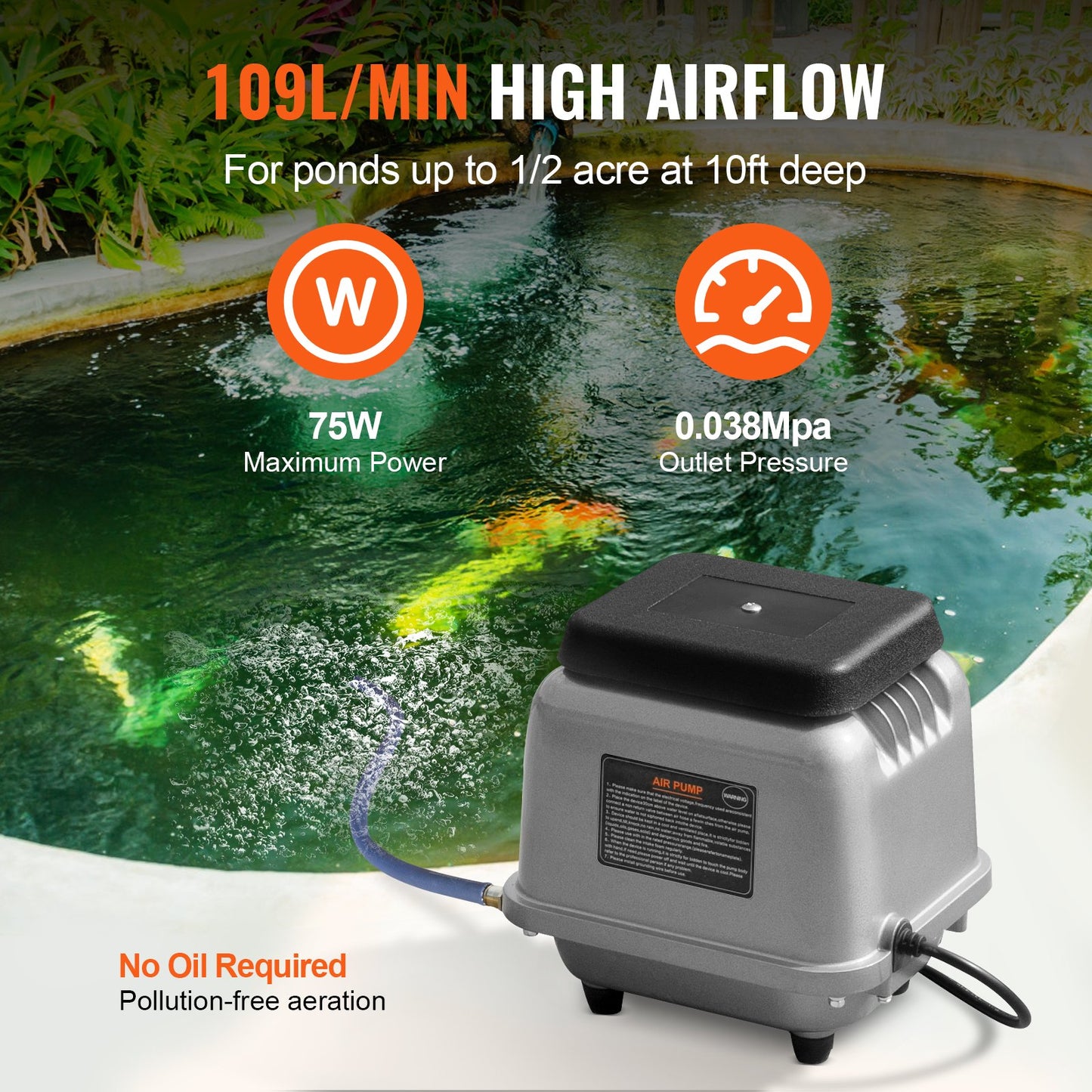 Linear Air Pump, 109L/Min Air Flow Septic Aerator Pump, Aeration System for 1/2 Acre 10 FT Deep Ponds, Water Gardens, Waste Treatments, Septic Tanks, Aquariums, Seafood Restaurants, Fish Farms