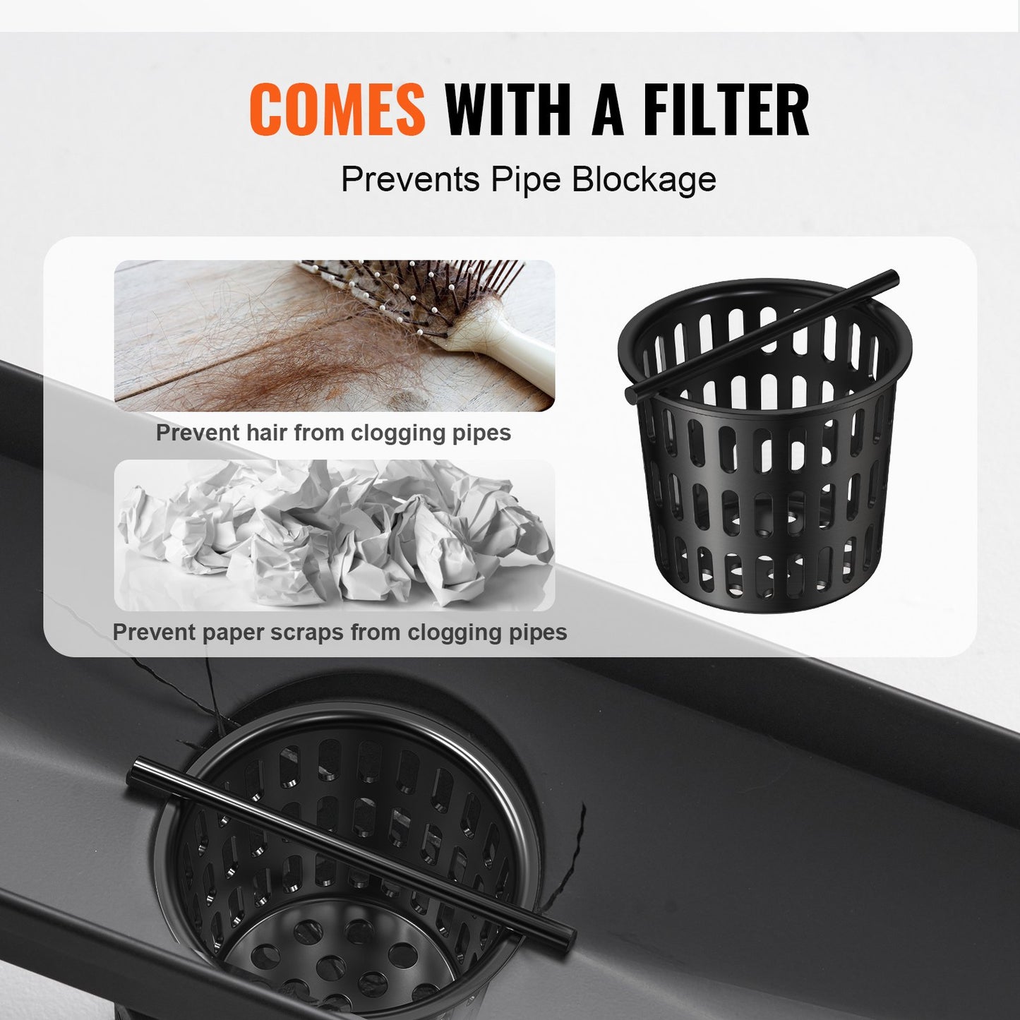 610 mm linearer Duschablauf versetzt mit Flieseneinsatzabdeckung, rechteckiger Duschbodenablauf aus gebürstetem Edelstahl 304, eleganter linearer Ablauf mit Haarsieb, schwarz