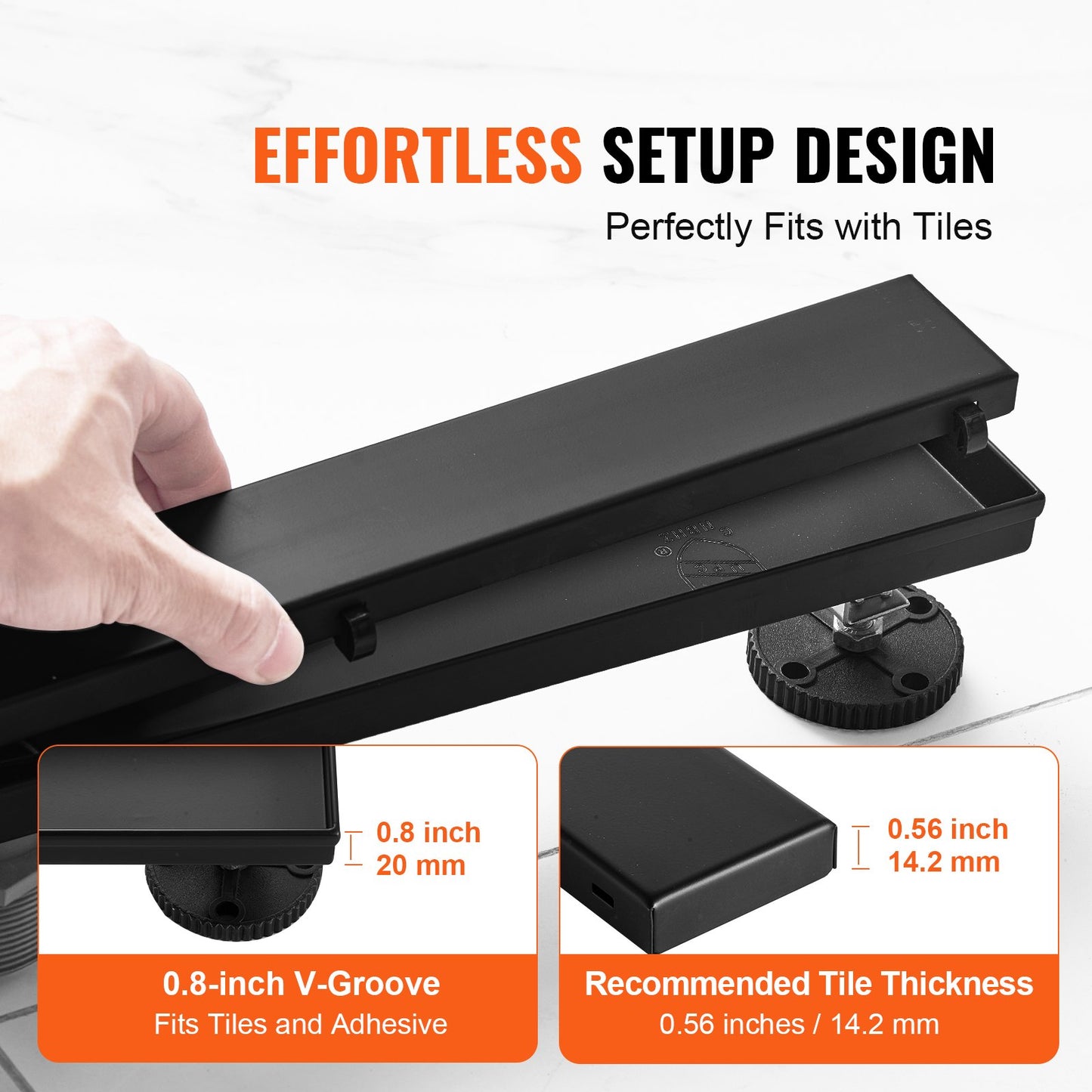 610 mm linearer Duschablauf versetzt mit Flieseneinsatzabdeckung, rechteckiger Duschbodenablauf aus gebürstetem Edelstahl 304, eleganter linearer Ablauf mit Haarsieb, schwarz