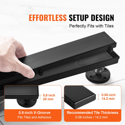 610 mm linearer Duschablauf versetzt mit Flieseneinsatzabdeckung, rechteckiger Duschbodenablauf aus gebürstetem Edelstahl 304, eleganter linearer Ablauf mit Haarsieb, schwarz