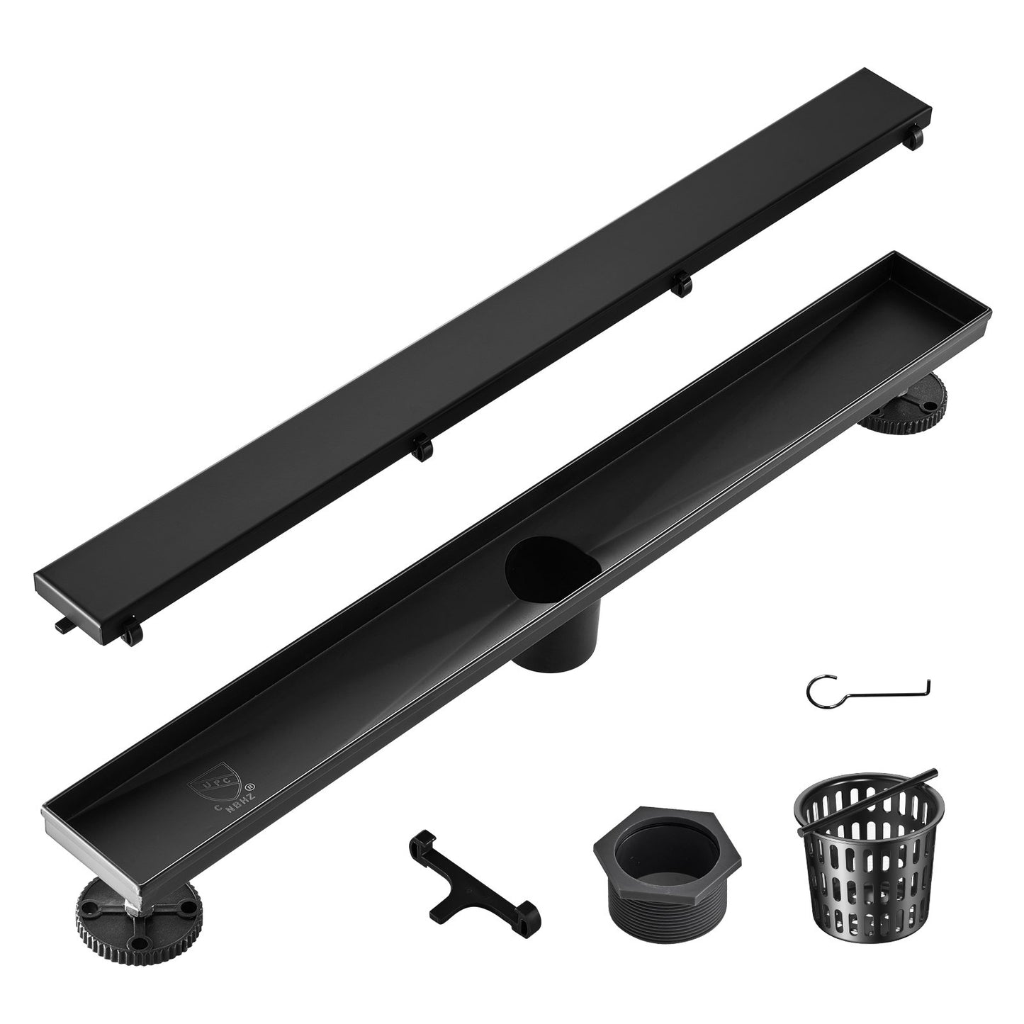 610 mm linearer Duschablauf versetzt mit Flieseneinsatzabdeckung, rechteckiger Duschbodenablauf aus gebürstetem Edelstahl 304, eleganter linearer Ablauf mit Haarsieb, schwarz