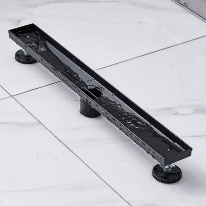 610 mm linearer Duschablauf versetzt mit Flieseneinsatzabdeckung, rechteckiger Duschbodenablauf aus gebürstetem Edelstahl 304, eleganter linearer Ablauf mit Haarsieb, schwarz