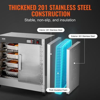 Hot Box Food Warmer, 4-Tier Concession Warmer with Water Tray, 4 Pans, Double-door and Adjustable Shelves, Stainless Steel Food Warmer Cabinet, Ideal for Storing Pizza, Chicken, Restaurant