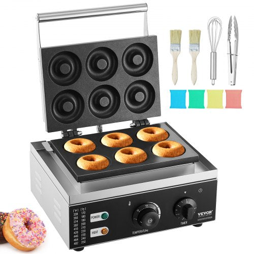 Electric Donut Maker, 1550W Commercial Doughnut Machine with Non-stick Surface, 6 Holes Double-Sided Heating Waffle Machine Makes 6 Doughnuts, Temperature 122-572℉, for Restaurant and Home Use