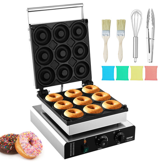 Electric Donut Maker, 2000W Commercial Donut Maker with Non-Stick Surface, 9 Holes Double-Sided Heating Waffle Maker Makes 9 Donuts, Temperature 50-300℃, for Restaurant and Home Use