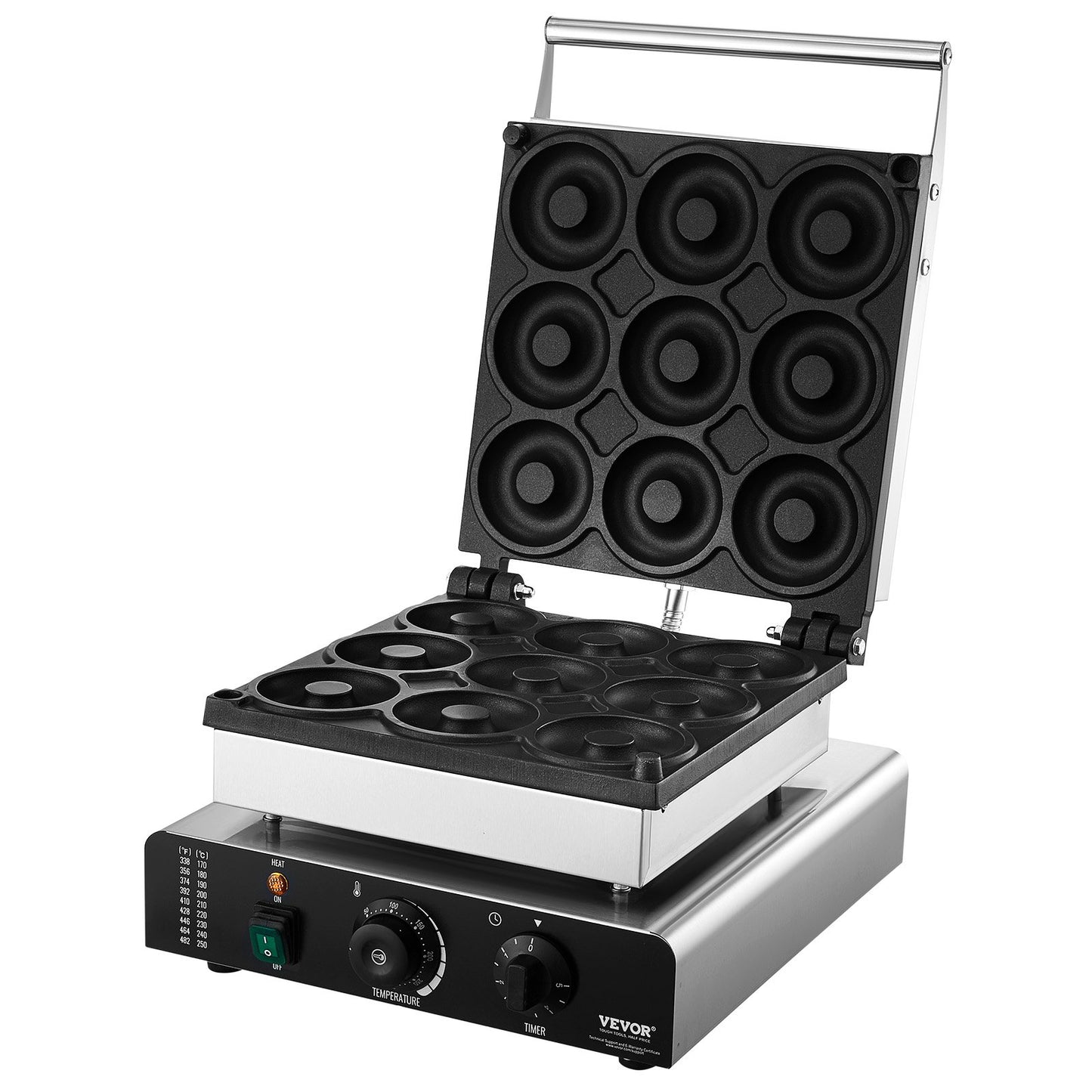 Elektrischer Donutmaker, 2000 W kommerzieller Donutmaker mit Antihaftbeschichtung, doppelseitig beheiztes Waffeleisen mit 9 Löchern für 9 Donuts, Temperatur 50–300 °C, für Restaurants und den Heimgebrauch