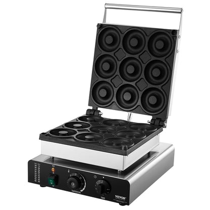 Elektrischer Donutmaker, 2000 W kommerzieller Donutmaker mit Antihaftbeschichtung, doppelseitig beheiztes Waffeleisen mit 9 Löchern für 9 Donuts, Temperatur 50–300 °C, für Restaurants und den Heimgebrauch