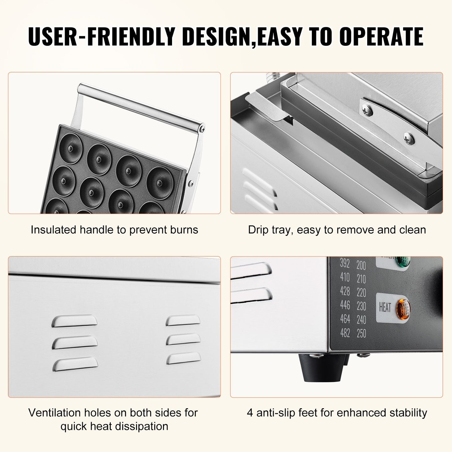 Elektrischer Donutmaker, 1550 W kommerzieller Donutmaker mit Antihaftbeschichtung, doppelseitig beheiztes Waffeleisen mit 12 Löchern für 12 Donuts, Temperatur 50–300 °C, für Restaurants und den Heimgebrauch