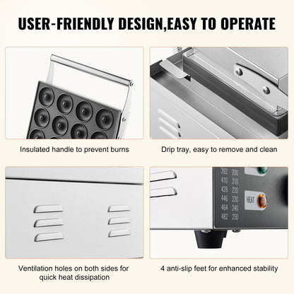 Elektrischer Donutmaker, 1550 W kommerzieller Donutmaker mit Antihaftbeschichtung, doppelseitig beheiztes Waffeleisen mit 12 Löchern für 12 Donuts, Temperatur 50–300 °C, für Restaurants und den Heimgebrauch