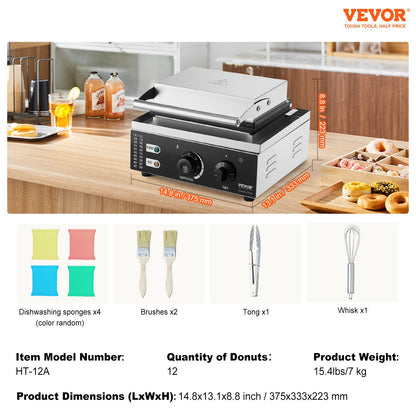 Elektrischer Donutmaker, 1550 W kommerzieller Donutmaker mit Antihaftbeschichtung, doppelseitig beheiztes Waffeleisen mit 12 Löchern für 12 Donuts, Temperatur 50–300 °C, für Restaurants und den Heimgebrauch