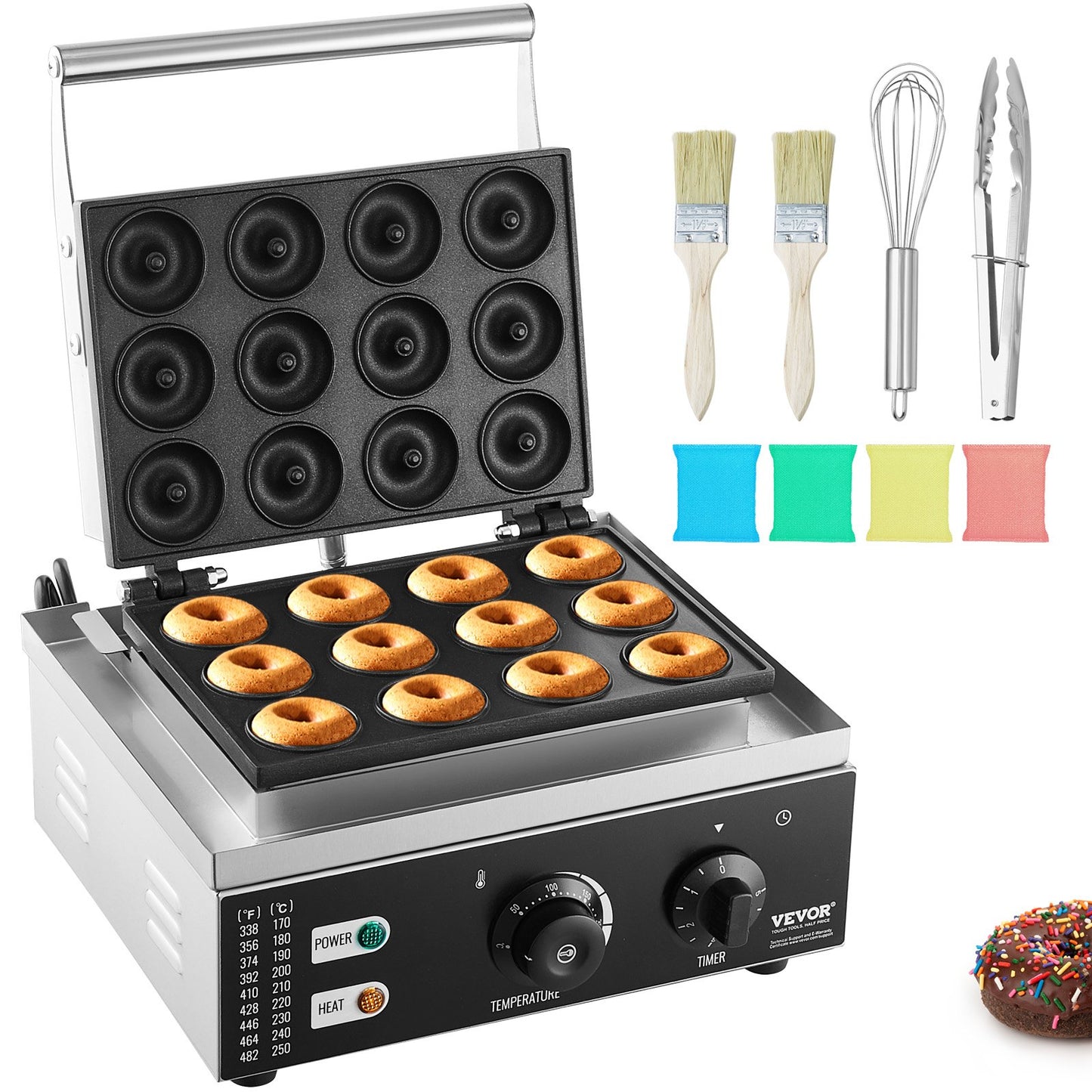 Elektrischer Donutmaker, 1550 W kommerzieller Donutmaker mit Antihaftbeschichtung, doppelseitig beheiztes Waffeleisen mit 12 Löchern für 12 Donuts, Temperatur 50–300 °C, für Restaurants und den Heimgebrauch