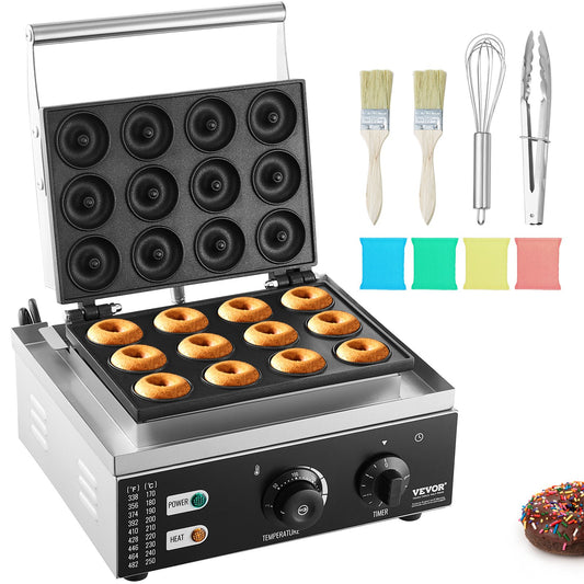 Electric Donut Maker, 1550W Commercial Donut Maker with Non-Stick Surface, 12-Hole Double-Sided Heating Waffle Maker Makes 12 Donuts, Temperature 50-300℃, for Restaurant and Home Use