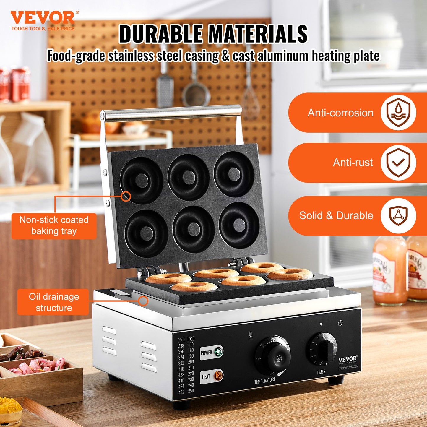 Electric Donut Maker, 1550W Commercial Donut Maker with Non-Stick Surface, 6 Holes Double-Sided Heating Waffle Maker Makes 6 Donuts, Temperature 50-300℃, for Restaurant and Home Use