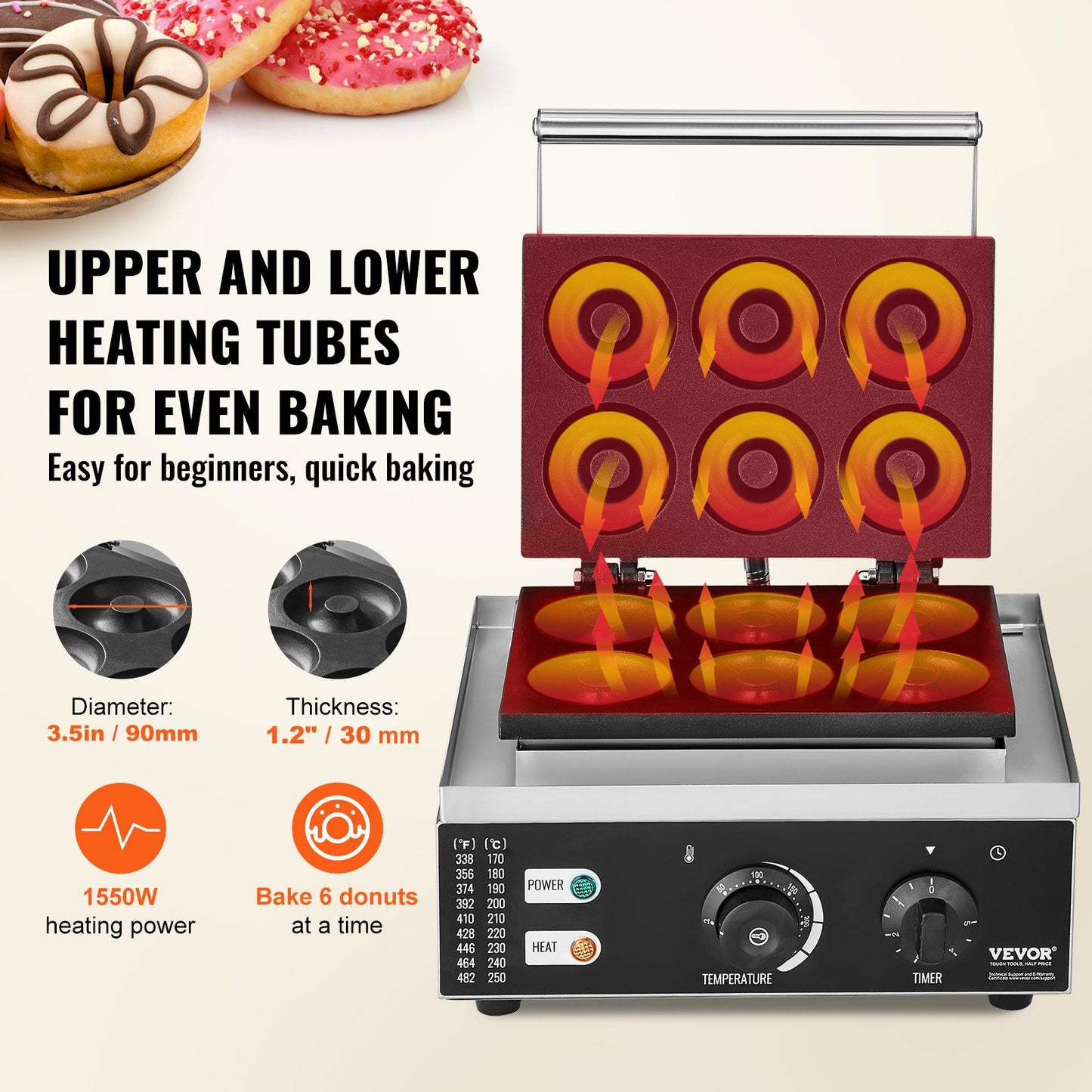 Electric Donut Maker, 1550W Commercial Donut Maker with Non-Stick Surface, 6 Holes Double-Sided Heating Waffle Maker Makes 6 Donuts, Temperature 50-300℃, for Restaurant and Home Use