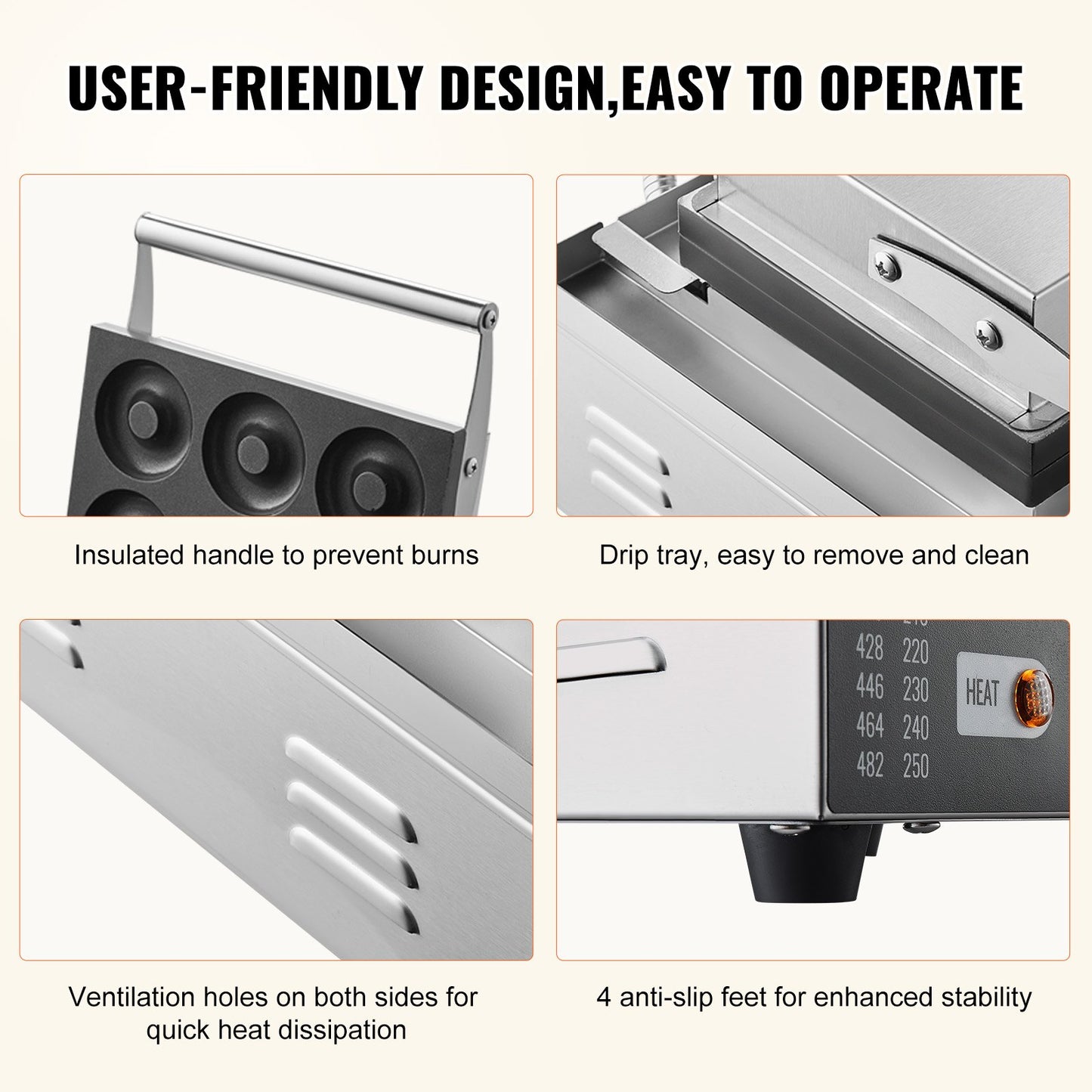 Electric Donut Maker, 1550W Commercial Donut Maker with Non-Stick Surface, 6 Holes Double-Sided Heating Waffle Maker Makes 6 Donuts, Temperature 50-300℃, for Restaurant and Home Use