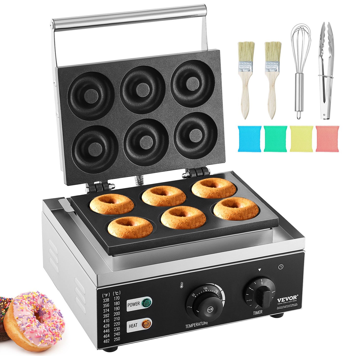 Electric Donut Maker, 1550W Commercial Donut Maker with Non-Stick Surface, 6 Holes Double-Sided Heating Waffle Maker Makes 6 Donuts, Temperature 50-300℃, for Restaurant and Home Use