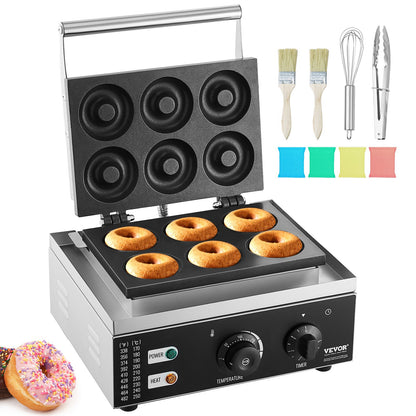 Electric Donut Maker, 1550W Commercial Donut Maker with Non-Stick Surface, 6 Holes Double-Sided Heating Waffle Maker Makes 6 Donuts, Temperature 50-300℃, for Restaurant and Home Use