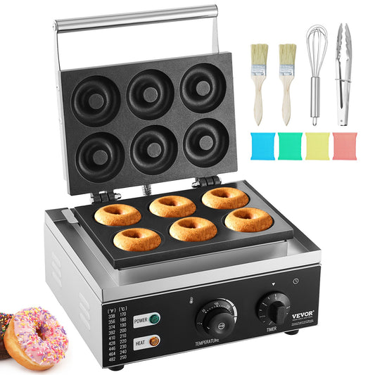 Electric Donut Maker, 1550W Commercial Donut Maker with Non-Stick Surface, 6 Holes Double-Sided Heating Waffle Maker Makes 6 Donuts, Temperature 50-300℃, for Restaurant and Home Use