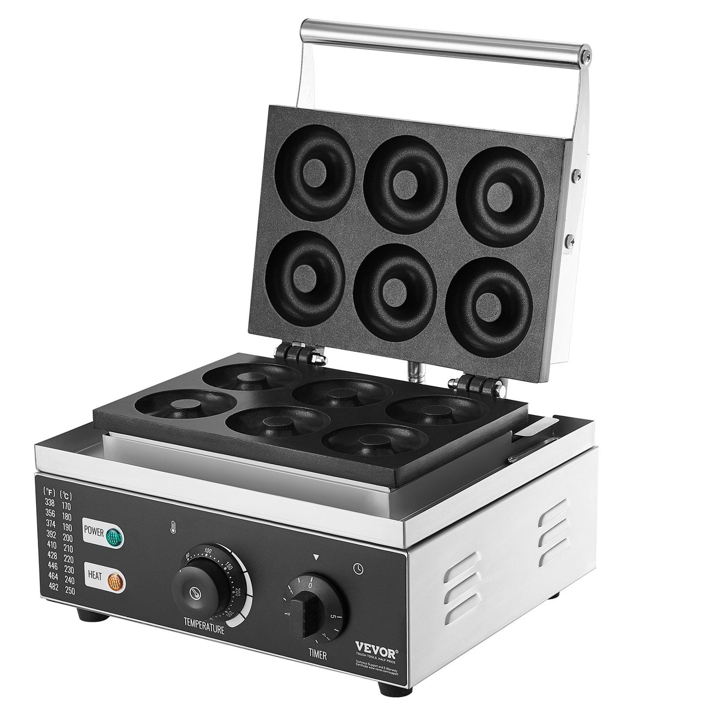 Electric Donut Maker, 1550W Commercial Donut Maker with Non-Stick Surface, 6 Holes Double-Sided Heating Waffle Maker Makes 6 Donuts, Temperature 50-300℃, for Restaurant and Home Use