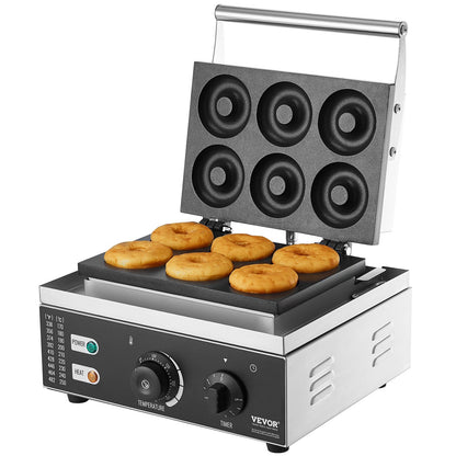 Electric Donut Maker, 1550W Commercial Donut Maker with Non-Stick Surface, 6 Holes Double-Sided Heating Waffle Maker Makes 6 Donuts, Temperature 50-300℃, for Restaurant and Home Use
