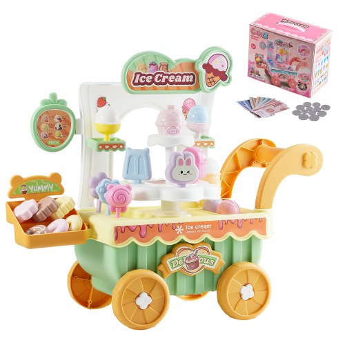 Ice Cream Cart for Kids, 27 PCS Accessories, Pretend Play Store with Storage Trolley with Pretend Money, Sound & Light Effects, Montessori Educational Ice Cream Truck Toys for Toddlers 3+
