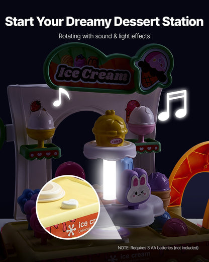 Ice Cream Cart for Kids, 27 PCS Accessories, Pretend Play Store with Storage Trolley with Pretend Money, Sound & Light Effects, Montessori Educational Ice Cream Truck Toys for Toddlers 3+