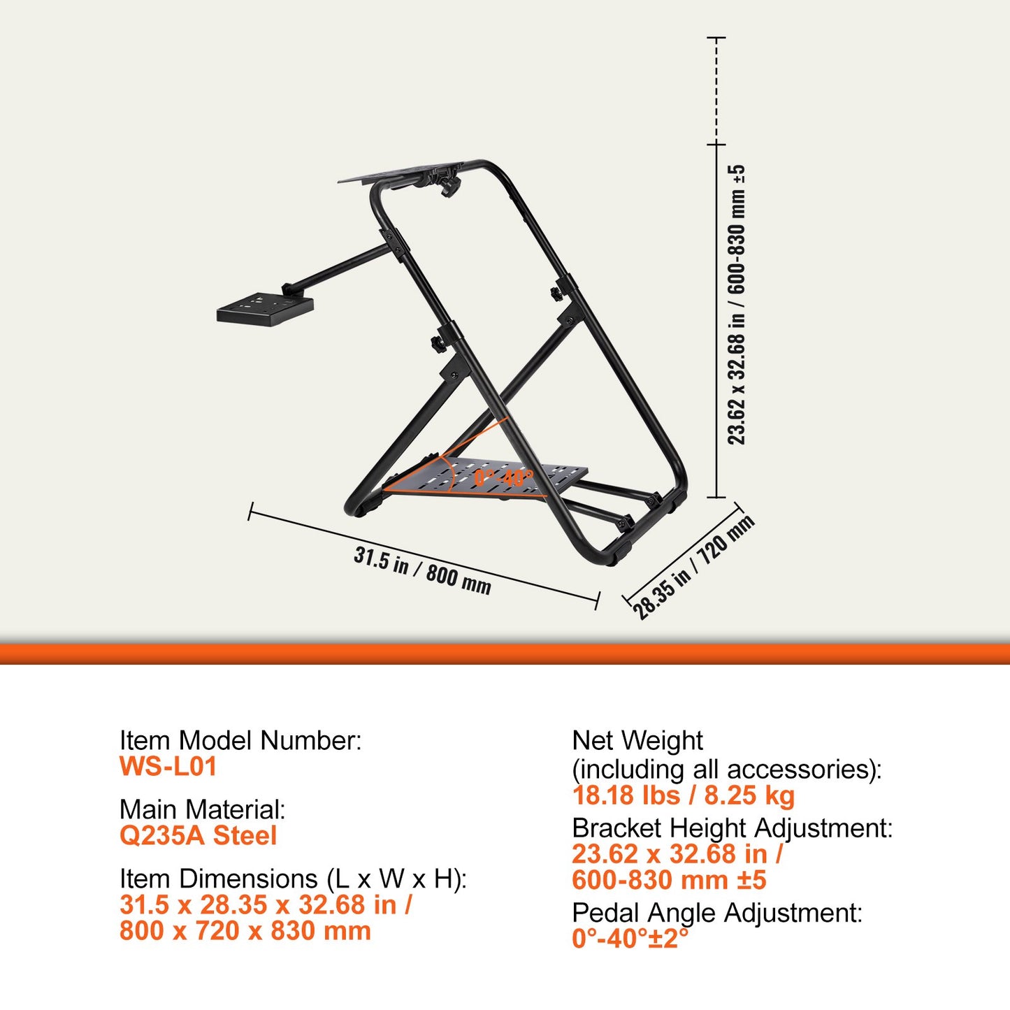 Hopfällbart Racing-rattstativ, höjdjusterbar universalbas Kompatibel med Logitech & Thrustmaster Racing Wheel och Pedal, Heavy-duty Frame Standard GT/Formula Seating Portable