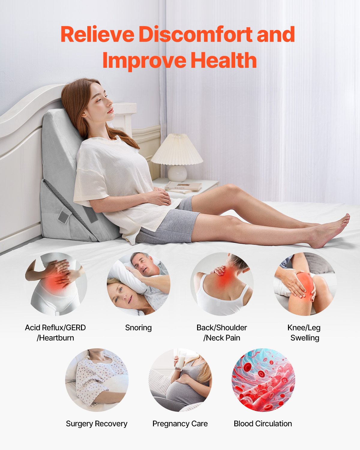Bed Wedge Pillow for Sleeping, Adjustable Orthopedic Bed Wedge, 25D High-Density Foam Filling & Soft Washable Cover, Post Surgery Pillow for Acid Reflux, Back Pain, Snoring Relief, Light Grey
