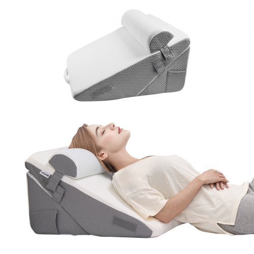 Bed Wedge Pillow for Sleeping, 3 Pcs Adjustable Orthopedic Bed Wedge Set, with Jacquard Washable Cover & Foam Support, Post Surgery Pillow for Acid Reflux Back Pain Snoring Relief, White/Grey