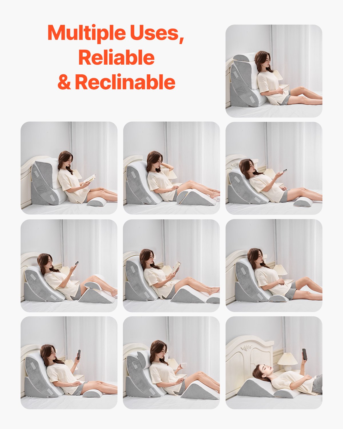 Wedge Pillow for Sleeping, 4 Pcs Adjustable Orthopedic Bed Wedge Set, Support Leg Neck Shoulder, Post Surgery Pillow for Back Pain, Acid Reflux, Snoring Relief, Sitting up in Bed, White/Grey