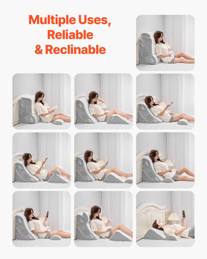 Wedge Pillow for Sleeping, 4 Pcs Adjustable Orthopedic Bed Wedge Set, Support Leg Neck Shoulder, Post Surgery Pillow for Back Pain, Acid Reflux, Snoring Relief, Sitting up in Bed, White/Grey