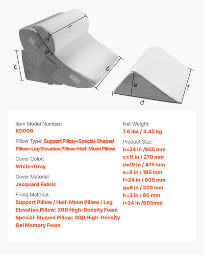 Wedge Pillow for Sleeping, 4 Pcs Adjustable Orthopedic Bed Wedge Set, Support Leg Neck Shoulder, Post Surgery Pillow for Back Pain, Acid Reflux, Snoring Relief, Sitting up in Bed, White/Grey