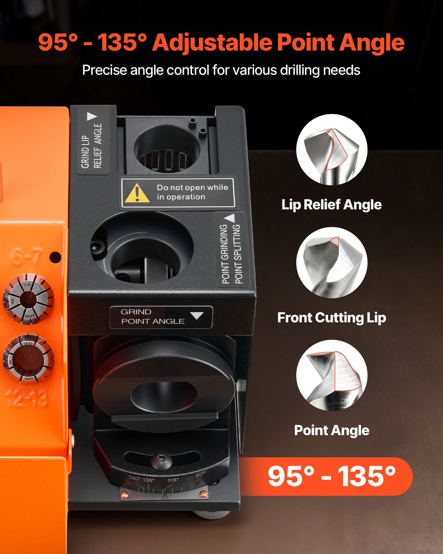 Drill Bits Sharpener MR-13D, 3–13mm Professional Drill Bit Grinder with Adjustable Lip Relief Angle, Front Cutting Lip & 95°-135° Point Angle, 5800RPM Re-Sharpener with 11 Collets & CBN Wheel