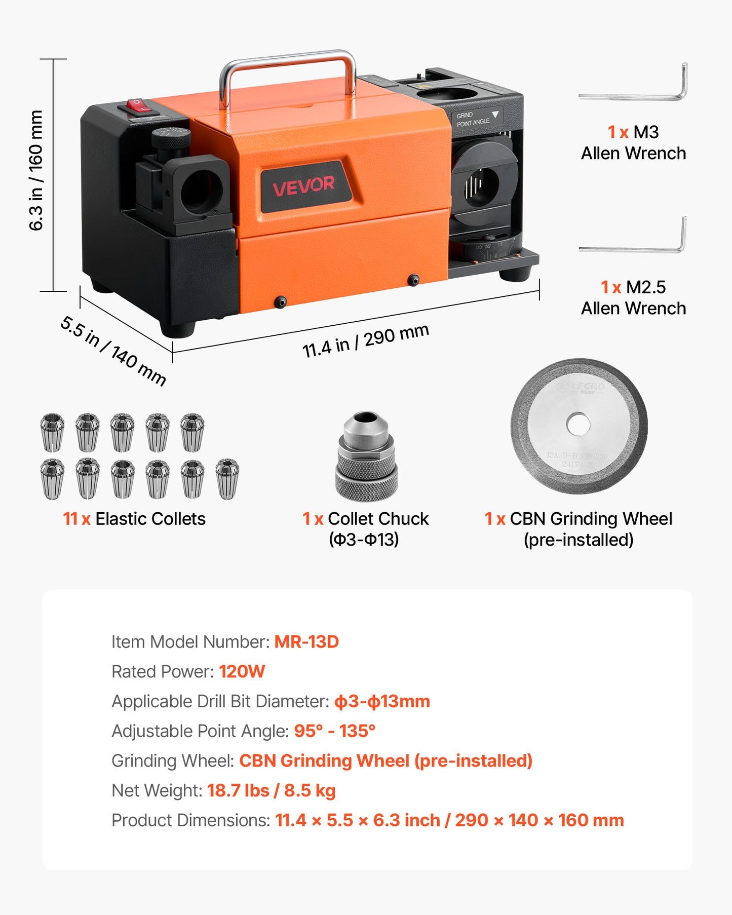 Drill Bits Sharpener MR-13D, 3–13mm Professional Drill Bit Grinder with Adjustable Lip Relief Angle, Front Cutting Lip & 95°-135° Point Angle, 5800RPM Re-Sharpener with 11 Collets & CBN Wheel