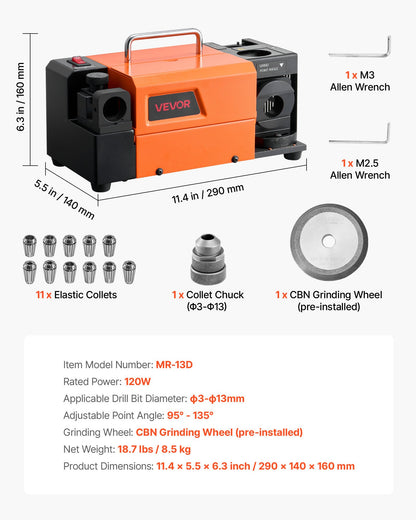 Drill Bits Sharpener MR-13D, 3–13mm Professional Drill Bit Grinder with Adjustable Lip Relief Angle, Front Cutting Lip & 95°-135° Point Angle, 5800RPM Re-Sharpener with 11 Collets & CBN Wheel