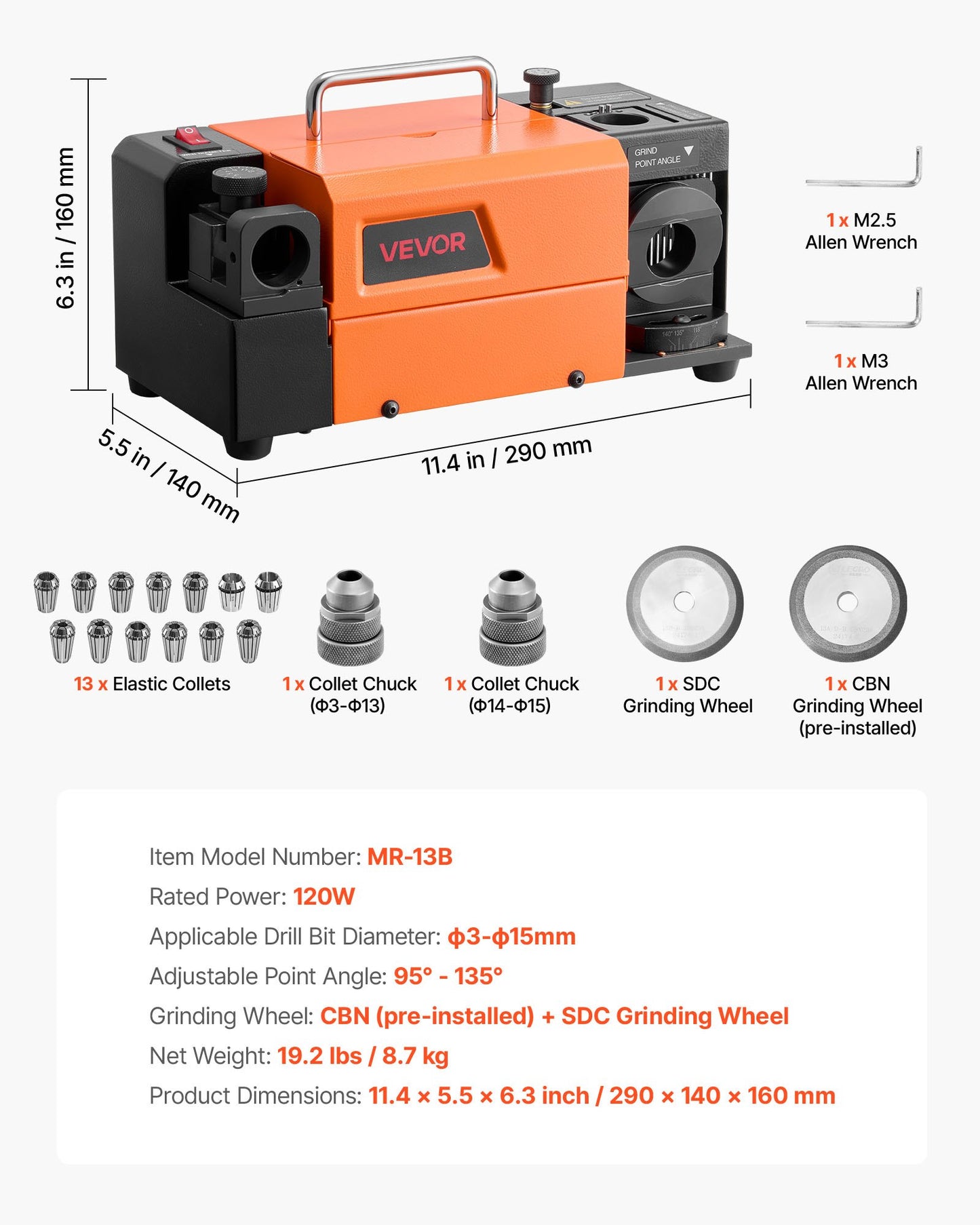 Drill Bits Sharpener MR-13B+, 3-15mm Drill Bit Grinder Sharpener with Adjustable Lip Relief Angle & 95°-135° Point Angle, 5800RPM High Speed Re-Sharpener with 13 Collets, CBN & SDC Wheels
