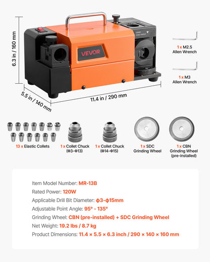 Drill Bits Sharpener MR-13B+, 3-15mm Drill Bit Grinder Sharpener with Adjustable Lip Relief Angle & 95°-135° Point Angle, 5800RPM High Speed Re-Sharpener with 13 Collets, CBN & SDC Wheels