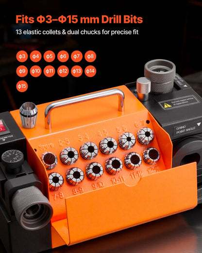 Drill Bits Sharpener MR-13A+, 3-15mm Drill Bit Grinder Sharpener with 95°-135° Adjustable Point Angle, 5800RPM High Speed Re-Sharpening Machine with 13 Collets & CBN Wheel for Workshops Garages