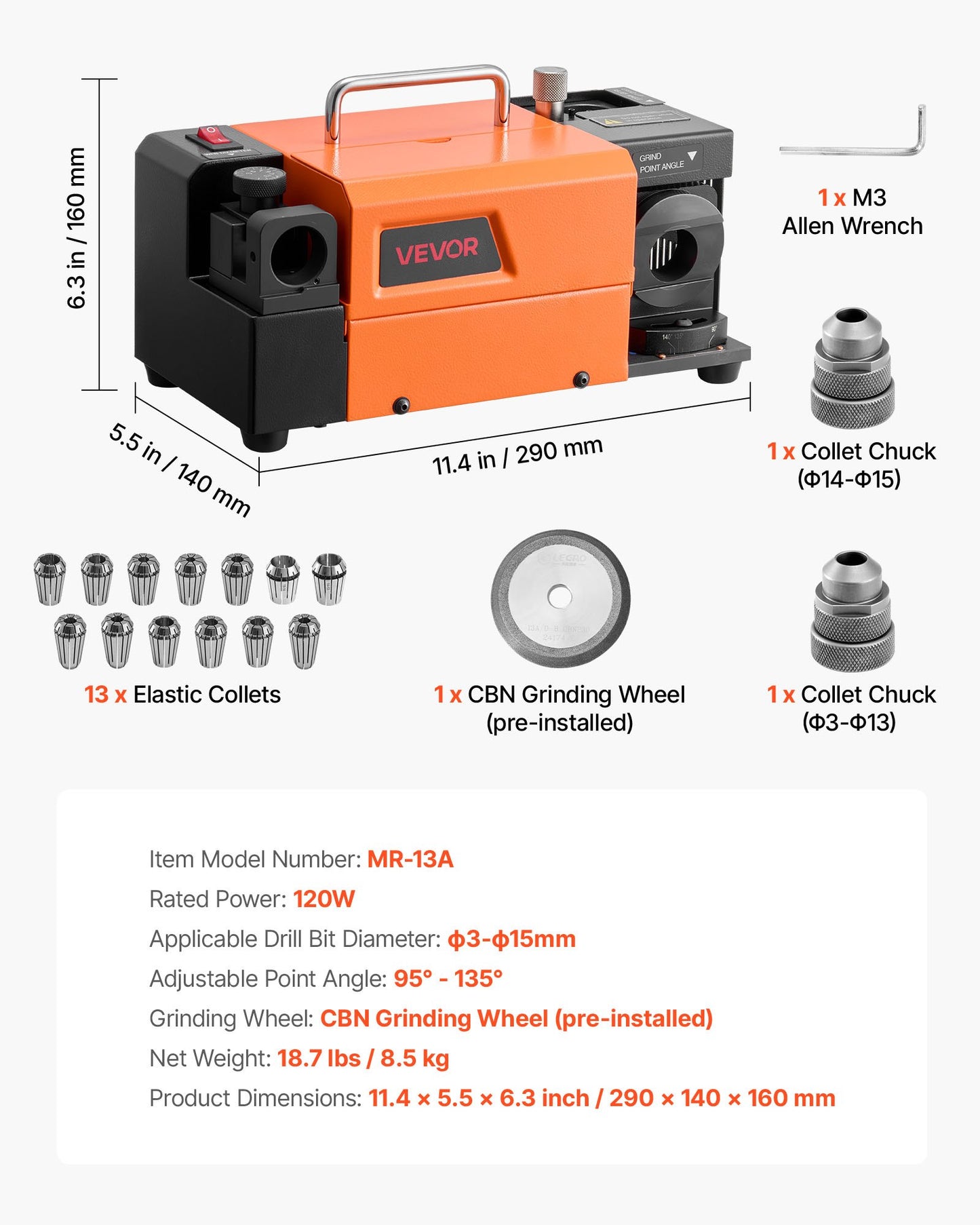 Drill Bits Sharpener MR-13A+, 3-15mm Drill Bit Grinder Sharpener with 95°-135° Adjustable Point Angle, 5800RPM High Speed Re-Sharpening Machine with 13 Collets & CBN Wheel for Workshops Garages