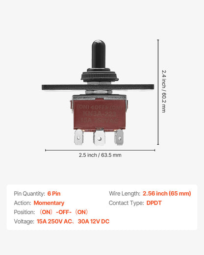 Toggle Switch, 6 Pin Momentary Polarity Reversing Toggle Switch (ON)-Off-(ON) DC 12V/30A AC 250V/15A - with Up Down Mounting Panel & Waterproof Boot Cap for Auto Car Marine Boat