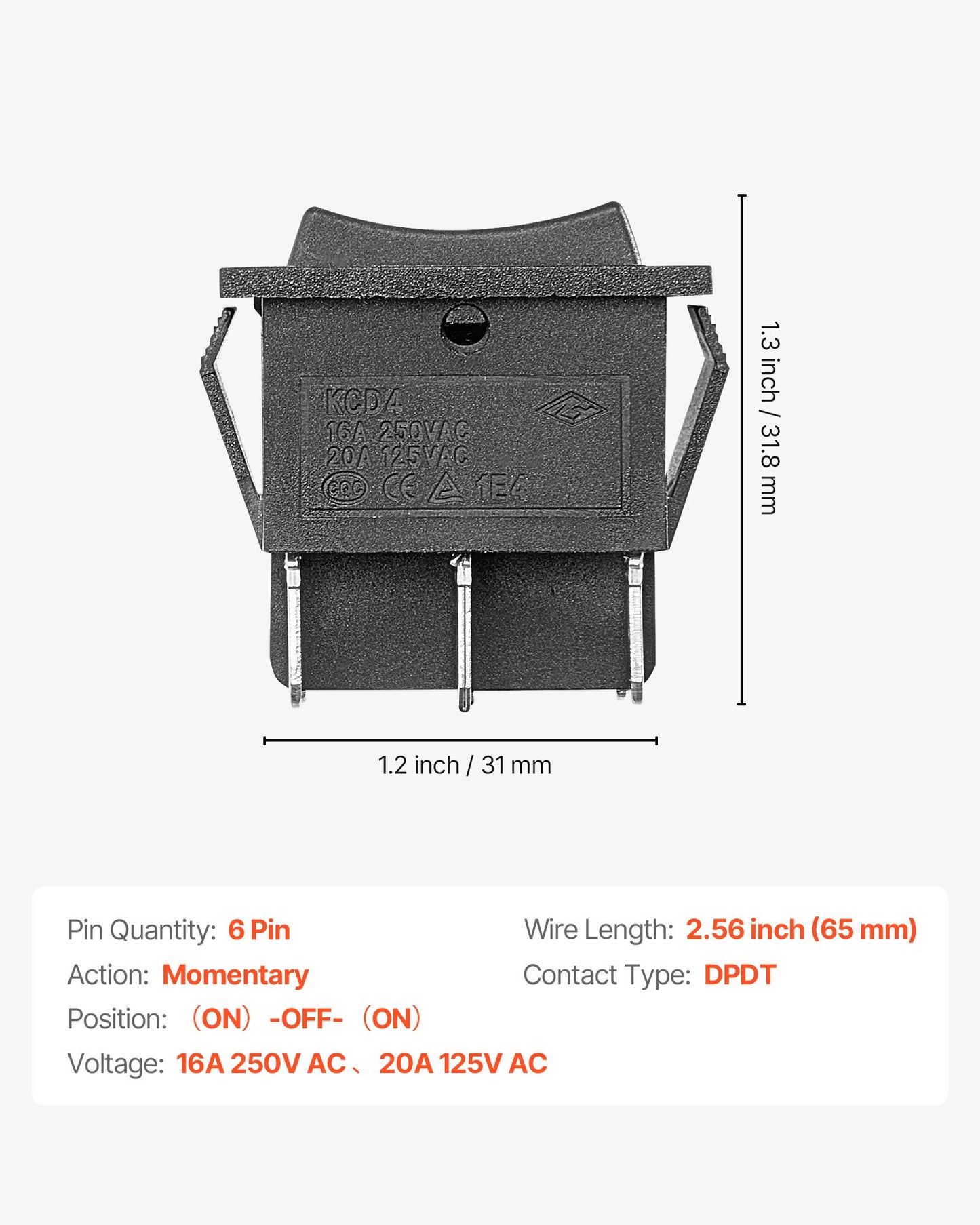 Rocker Switch, 6 Pin Momentary DPDT Rocker Switch, 3-Position (ON)-Off-(ON) Polarity Reversing Switch AC 250V/16A 125V/ 20A for Auto Car Boat Household Appliances