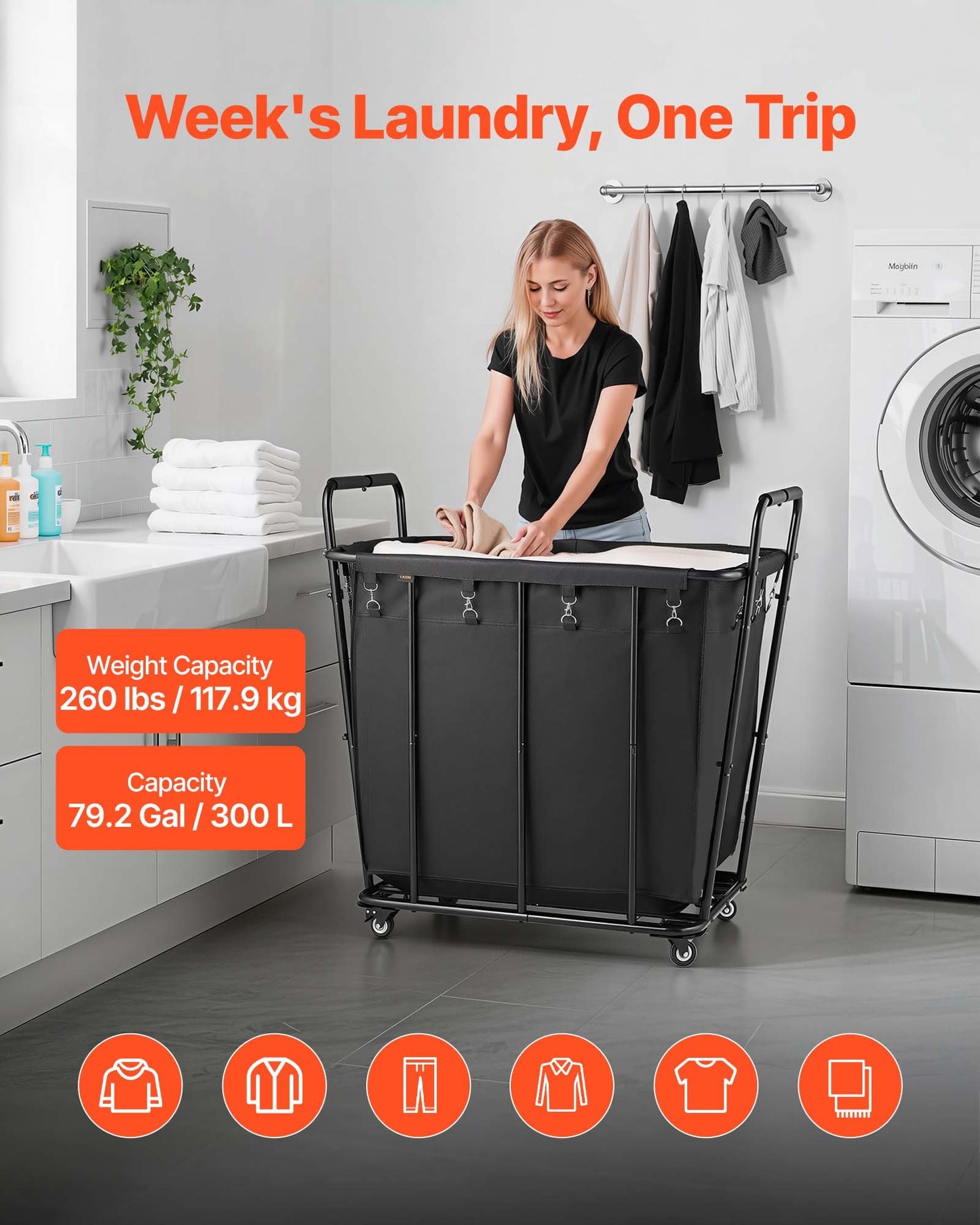 Laundry Cart, Rolling Grocery Utility Cart with Waterproof Liner & Swivel Wheels, 260 LBS Large Load Capacity, Heavy Duty Shopping Basket for Laundry, Shopping, Camping, Grocery, Luggage, Black