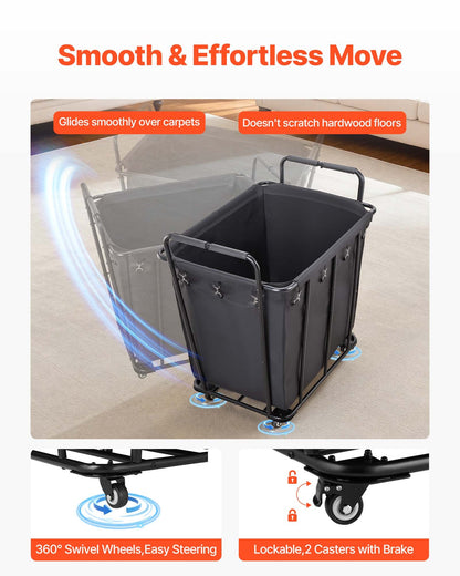 Laundry Cart, Rolling Grocery Utility Cart with Waterproof Liner & Swivel Wheels, 260 LBS Large Load Capacity, Heavy Duty Shopping Basket for Laundry, Shopping, Camping, Grocery, Luggage, Black