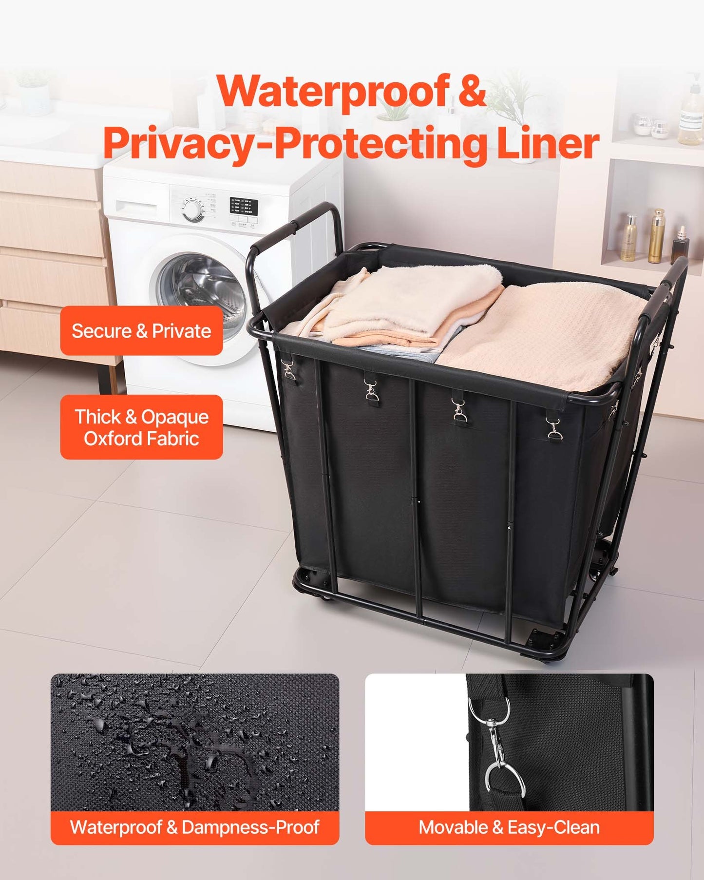 Laundry Cart, Rolling Grocery Utility Cart with Waterproof Liner & Swivel Wheels, 260 LBS Large Load Capacity, Heavy Duty Shopping Basket for Laundry, Shopping, Camping, Grocery, Luggage, Black