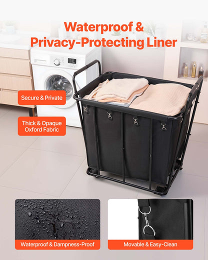 Laundry Cart, Rolling Grocery Utility Cart with Waterproof Liner & Swivel Wheels, 260 LBS Large Load Capacity, Heavy Duty Shopping Basket for Laundry, Shopping, Camping, Grocery, Luggage, Black