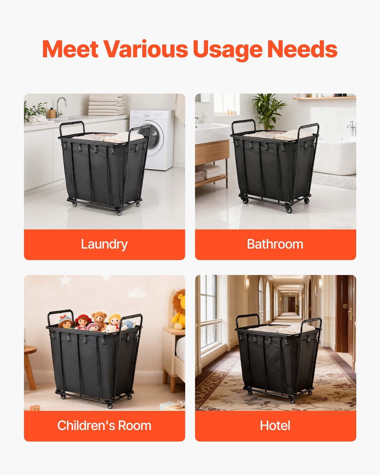 Laundry Cart, Rolling Grocery Utility Cart with Waterproof Liner & Swivel Wheels, 260 LBS Large Load Capacity, Heavy Duty Shopping Basket for Laundry, Shopping, Camping, Grocery, Luggage, Black