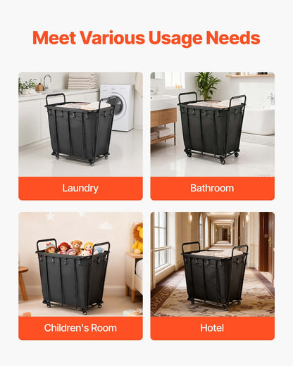 Laundry Cart, Rolling Grocery Utility Cart with Waterproof Liner & Swivel Wheels, 260 LBS Large Load Capacity, Heavy Duty Shopping Basket for Laundry, Shopping, Camping, Grocery, Luggage, Black