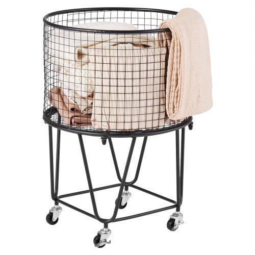 Laundry Cart, Rolling Round Grocery Utility Cart with 360° Swivel Wheels, 60 LBS Large Load Capacity, Heavy Duty Carbon Steel Shopping Basket for Laundry, Shopping, Camping, Grocery, Luggage