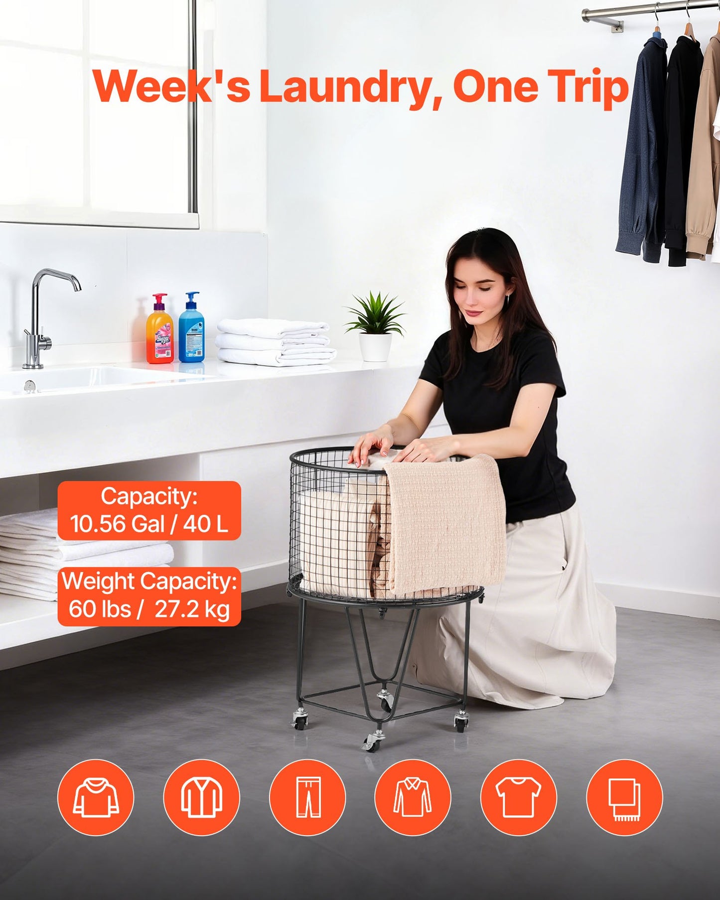 Laundry Cart, Rolling Round Grocery Utility Cart with 360° Swivel Wheels, 60 LBS Large Load Capacity, Heavy Duty Carbon Steel Shopping Basket for Laundry, Shopping, Camping, Grocery, Luggage